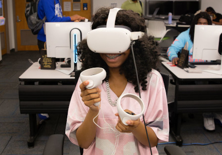 Students using VR headset at STEM camp